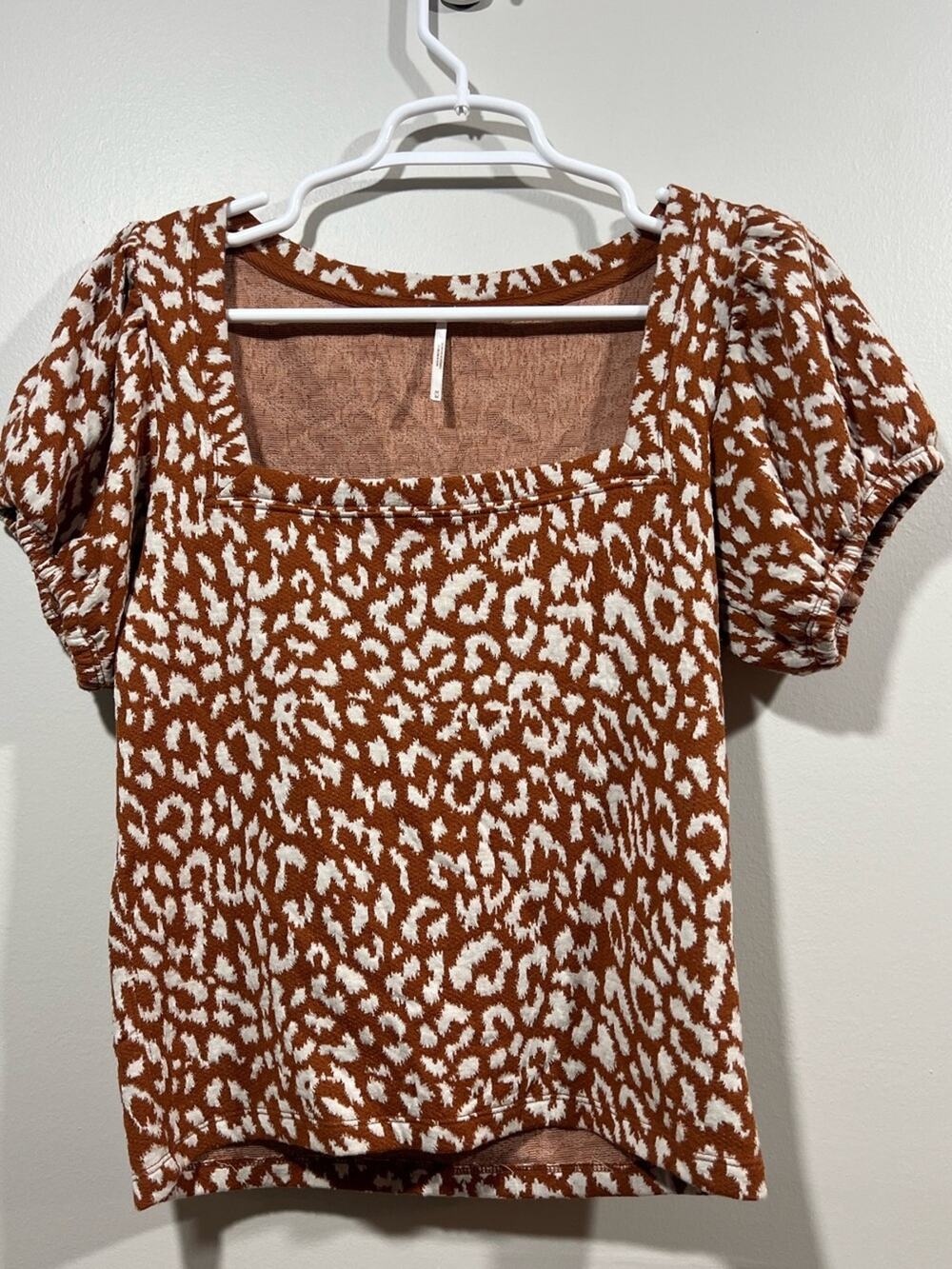 Free People Rust and White Leopard Puff Sleeve Square Neck Top Medium
